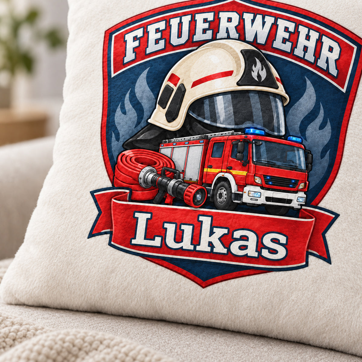 Feuerwehr-Abzeichen: Nahaufnahme von Motiv und flauschigem Stoff.