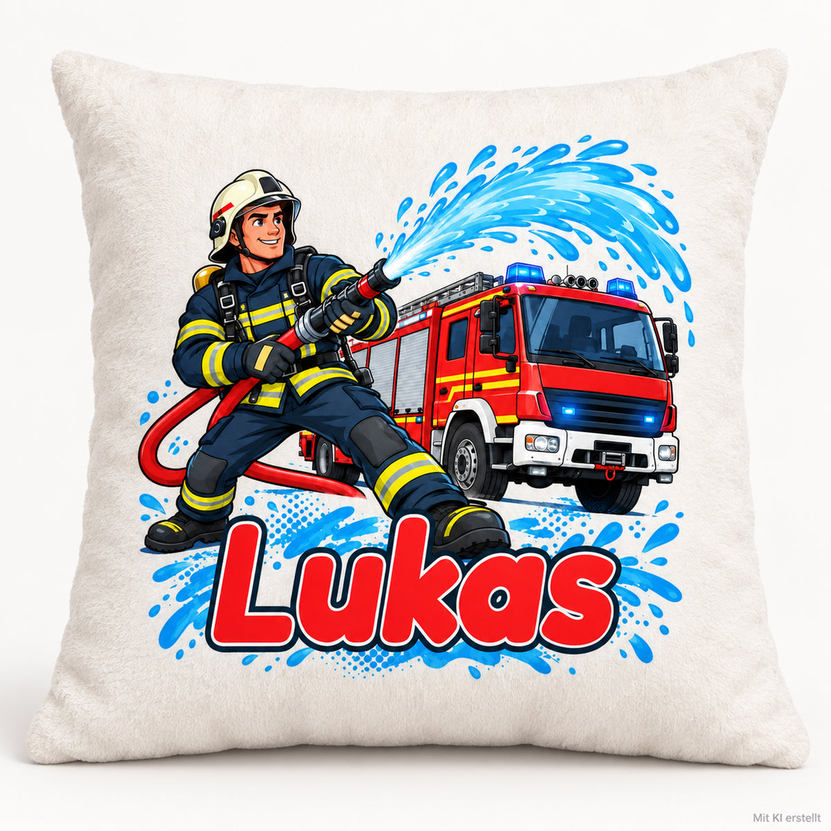 Comic-Einsatz: Personalisierter Feuerwehr-Kissenbezug mit Beispielname Lukas.