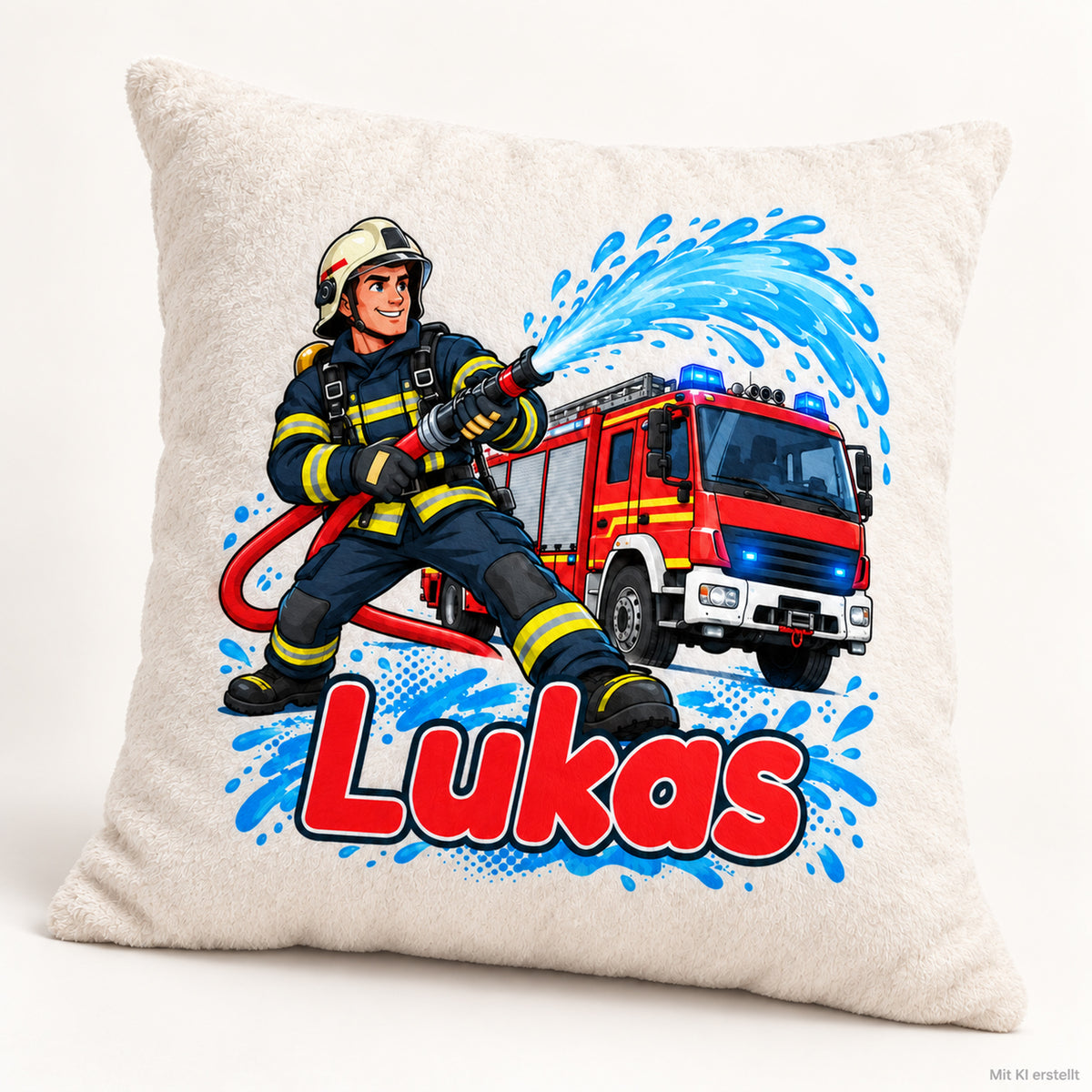 Comic-Einsatz: Schrägansicht des Feuerwehr-Kissenbezugs.