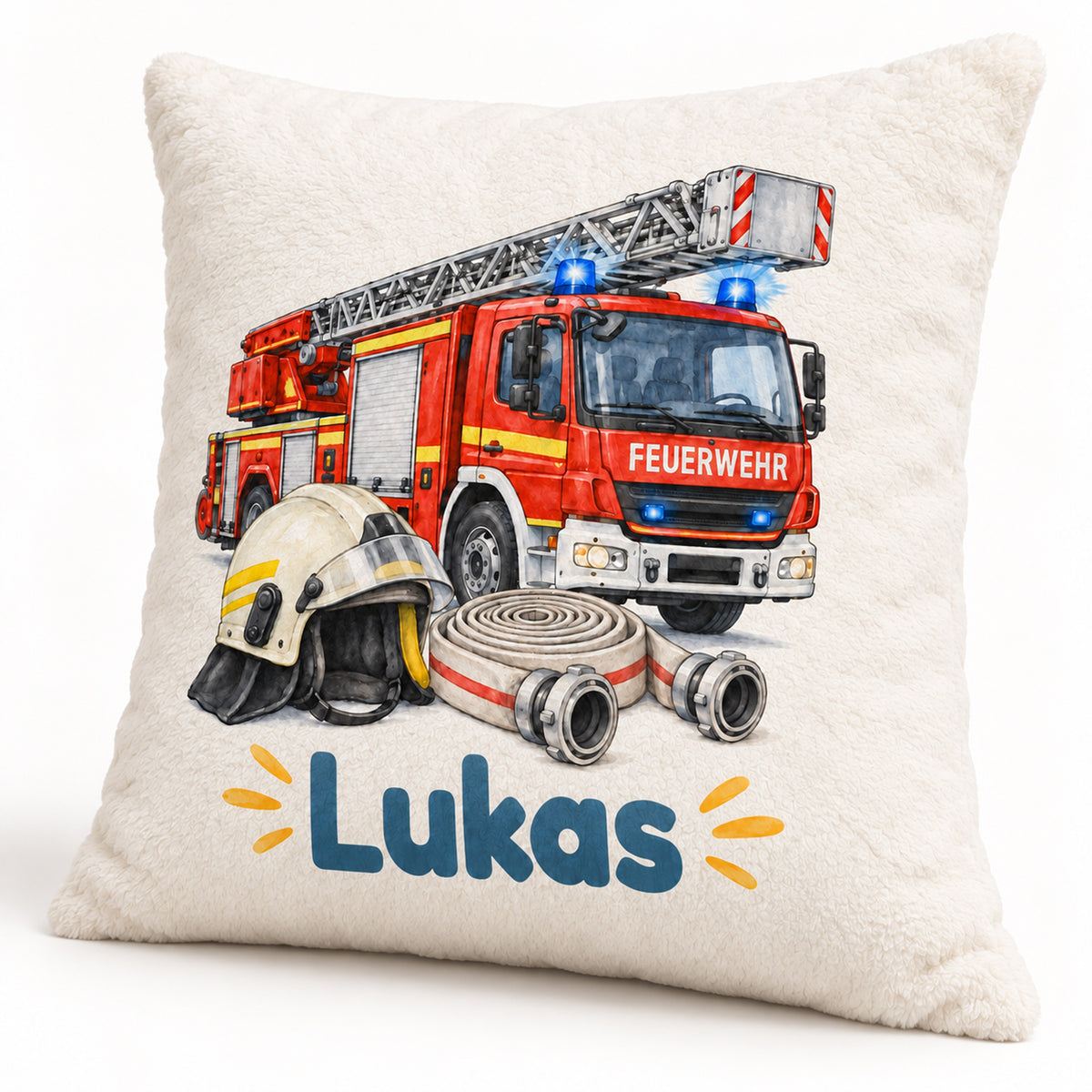 Feuerwehr in Aquarell: Schrägansicht des Feuerwehr-Kissenbezugs.