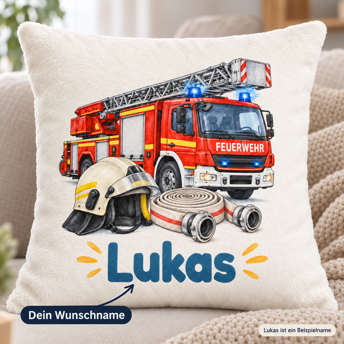 Feuerwehr in Aquarell: Wunschname Lukas als Beispiel der Personalisierung.