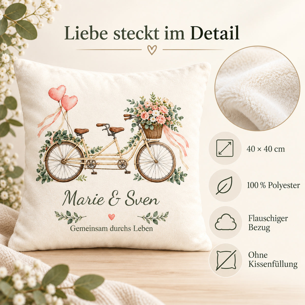 Produktdetails: Tandem-Kissenbezug, 40 × 40 cm, Polyester, ohne Füllung.