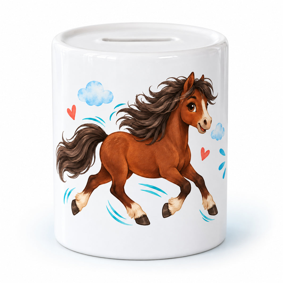 Spardose Pony-Abenteuer mit galoppierendem braunem Pony und türkisfarbenen Akzenten vor hellem Hintergrund.