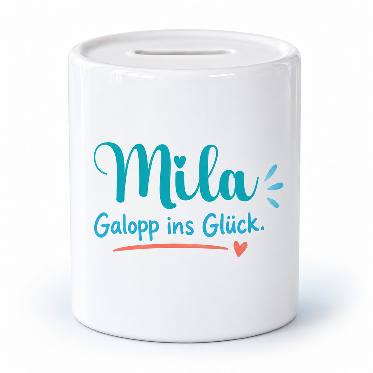 Namensseite der Spardose Pony-Abenteuer mit Beispielname Mila und dem Spruch „Galopp ins Glück.“.
