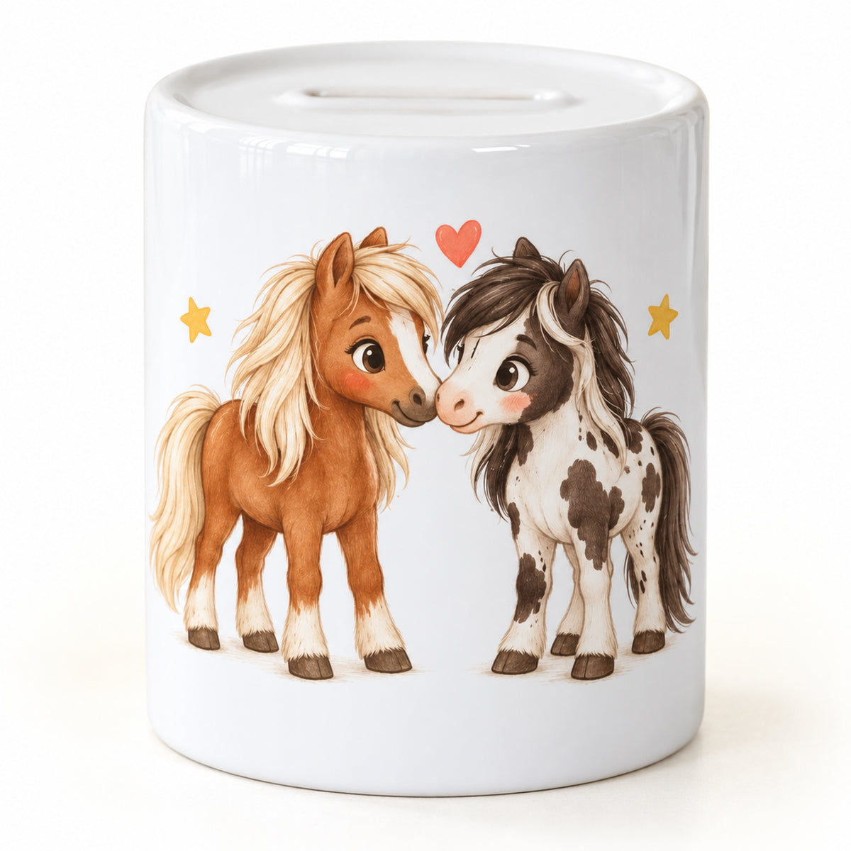Spardose Pony-Freunde mit einem braunen und einem dunkel gescheckten Pony vor hellem Hintergrund.