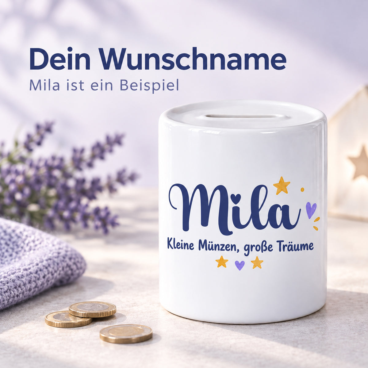 Wunschname auf der Spardose Sternenpony, gezeigt am Beispielnamen Mila.