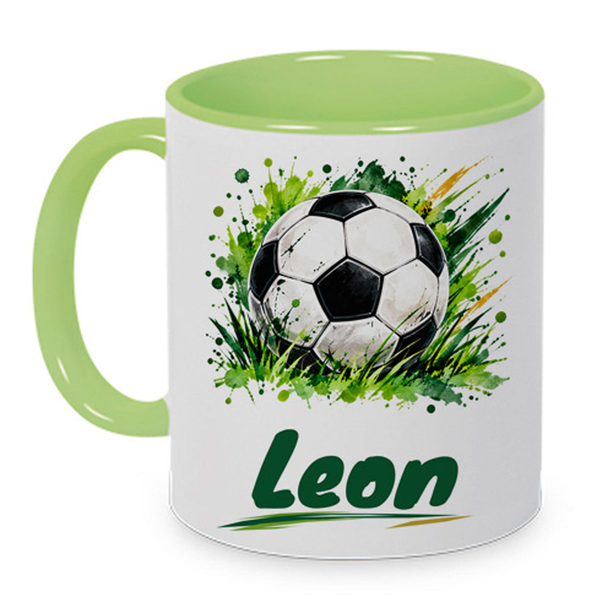 Hellgrüne Fußballtasse Klassischer Fußball mit Beispielname Leon: Zweite bedruckte Seite