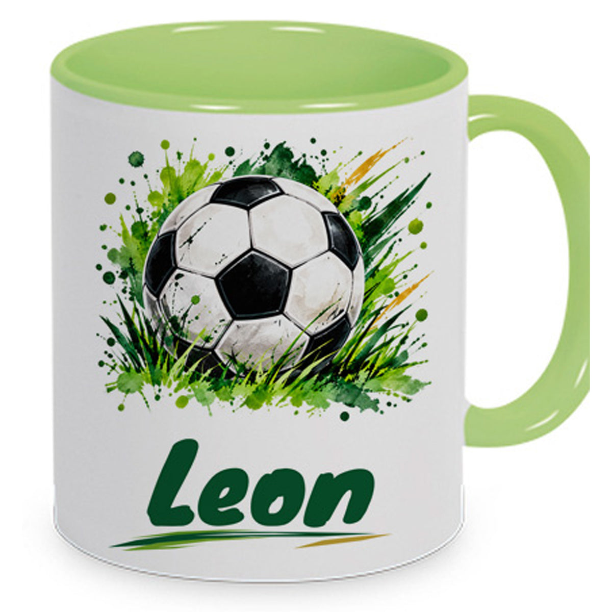 Hellgrüne Fußballtasse Klassischer Fußball mit Beispielname Leon: Nahe Produktansicht