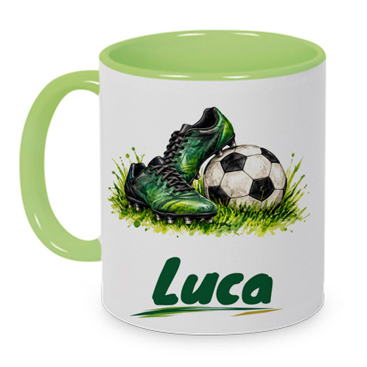 Hellgrüne Fußballtasse Bereit fürs Spiel mit Beispielname Luca: Zweite bedruckte Seite