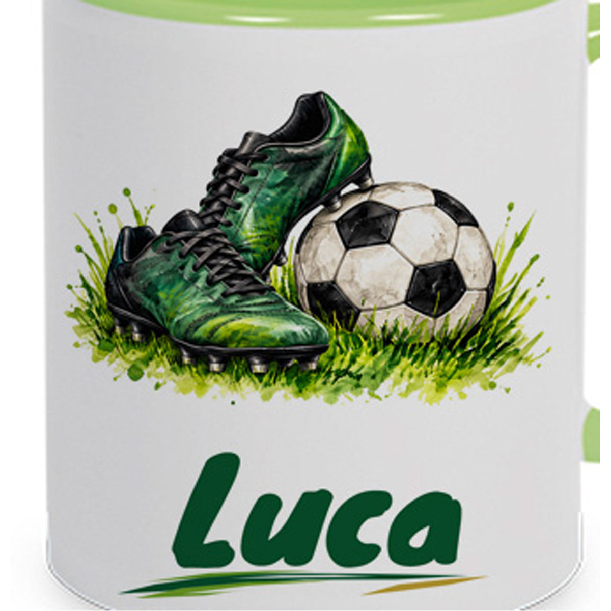 Hellgrüne Fußballtasse Bereit fürs Spiel mit Beispielname Luca: Motivdetail