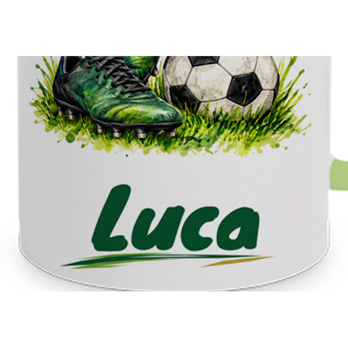 Hellgrüne Fußballtasse Bereit fürs Spiel mit Beispielname Luca: Wunschname im Detail