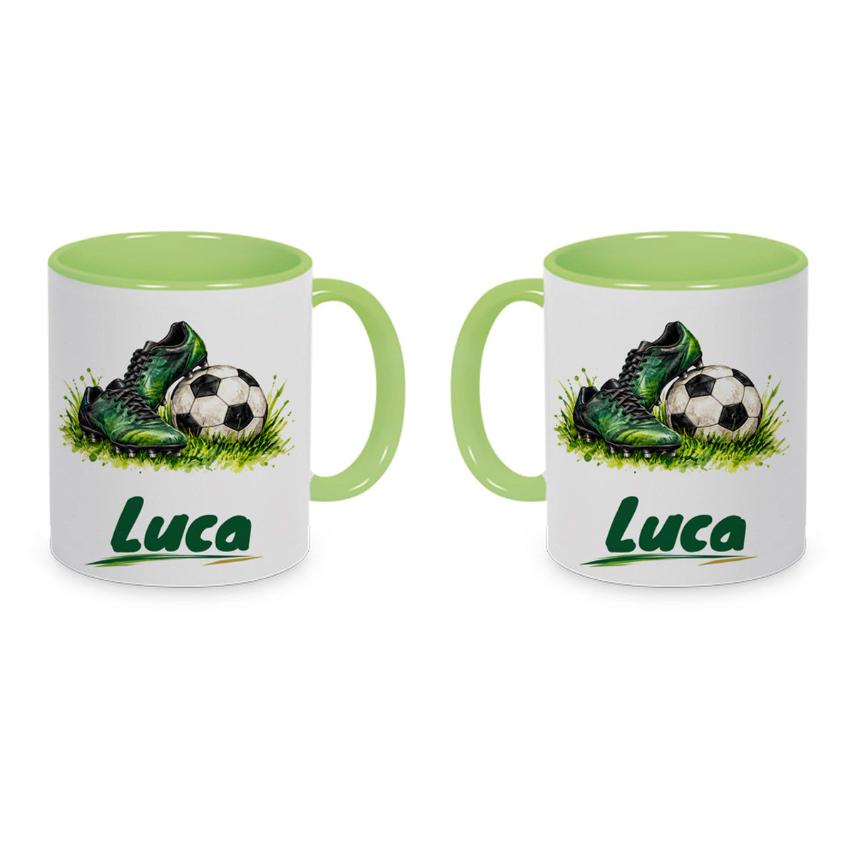 Hellgrüne Fußballtasse Bereit fürs Spiel mit Beispielname Luca: Eine Tasse aus zwei Ansichten