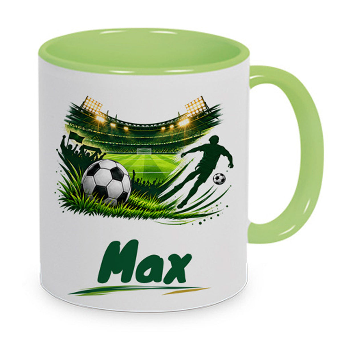 Hellgrüne Fußballtasse Stadionliebe mit Beispielname Max: Hauptansicht