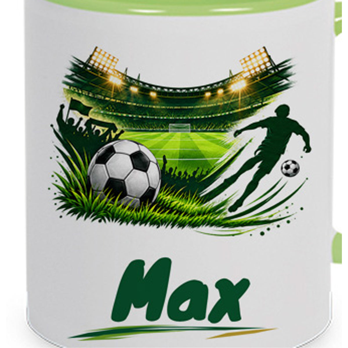 Hellgrüne Fußballtasse Stadionliebe mit Beispielname Max: Motivdetail