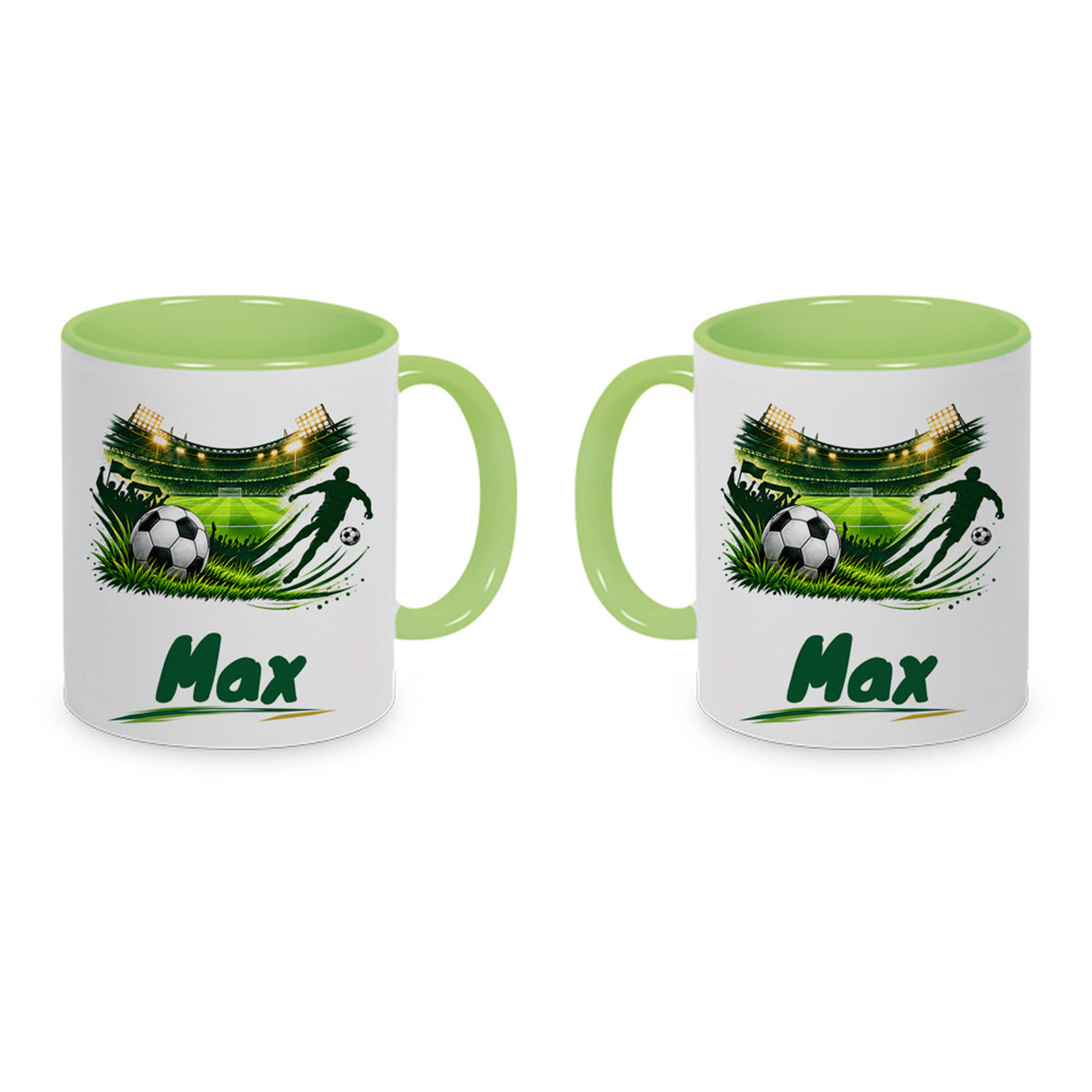 Hellgrüne Fußballtasse Stadionliebe mit Beispielname Max: Eine Tasse aus zwei Ansichten