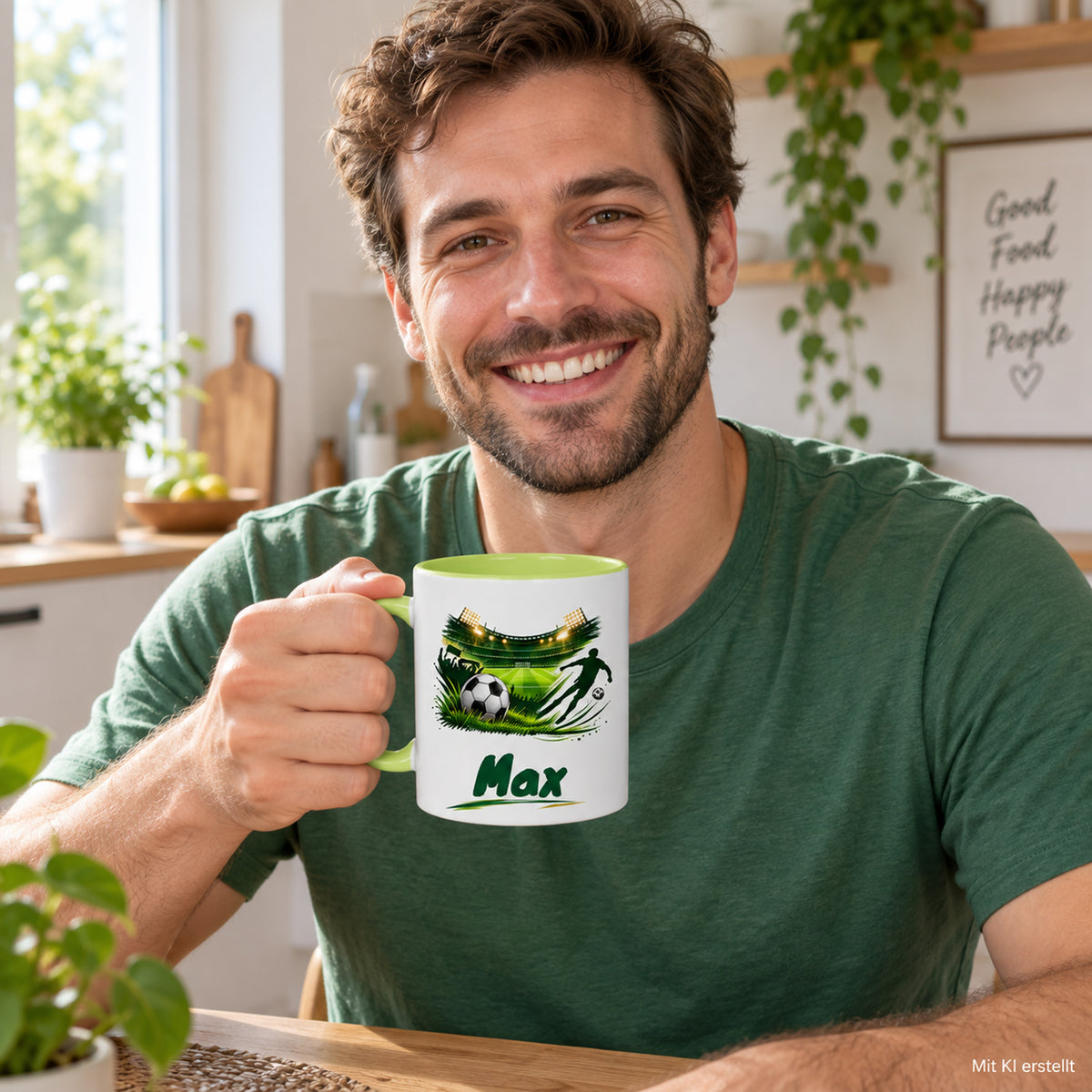 Hellgrüne Fußballtasse Stadionliebe mit Beispielname Max: Tasse in der Hand – mit KI erstellt