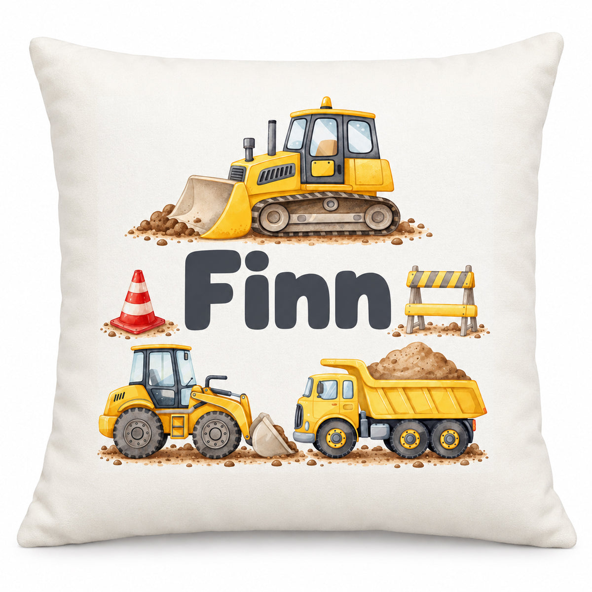 Vorderseite des Kissenbezugs mit Planierraupe, Radlader und Kipplaster in Aquarelloptik und Beispielname Finn vor weißem Hintergrund.