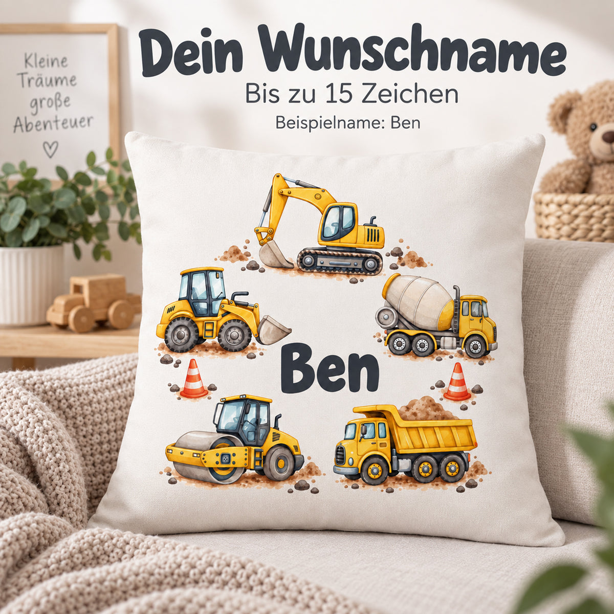 Personalisierung des Kissenbezugs mit Beispielname Ben; Wunschname bis 15 Zeichen.