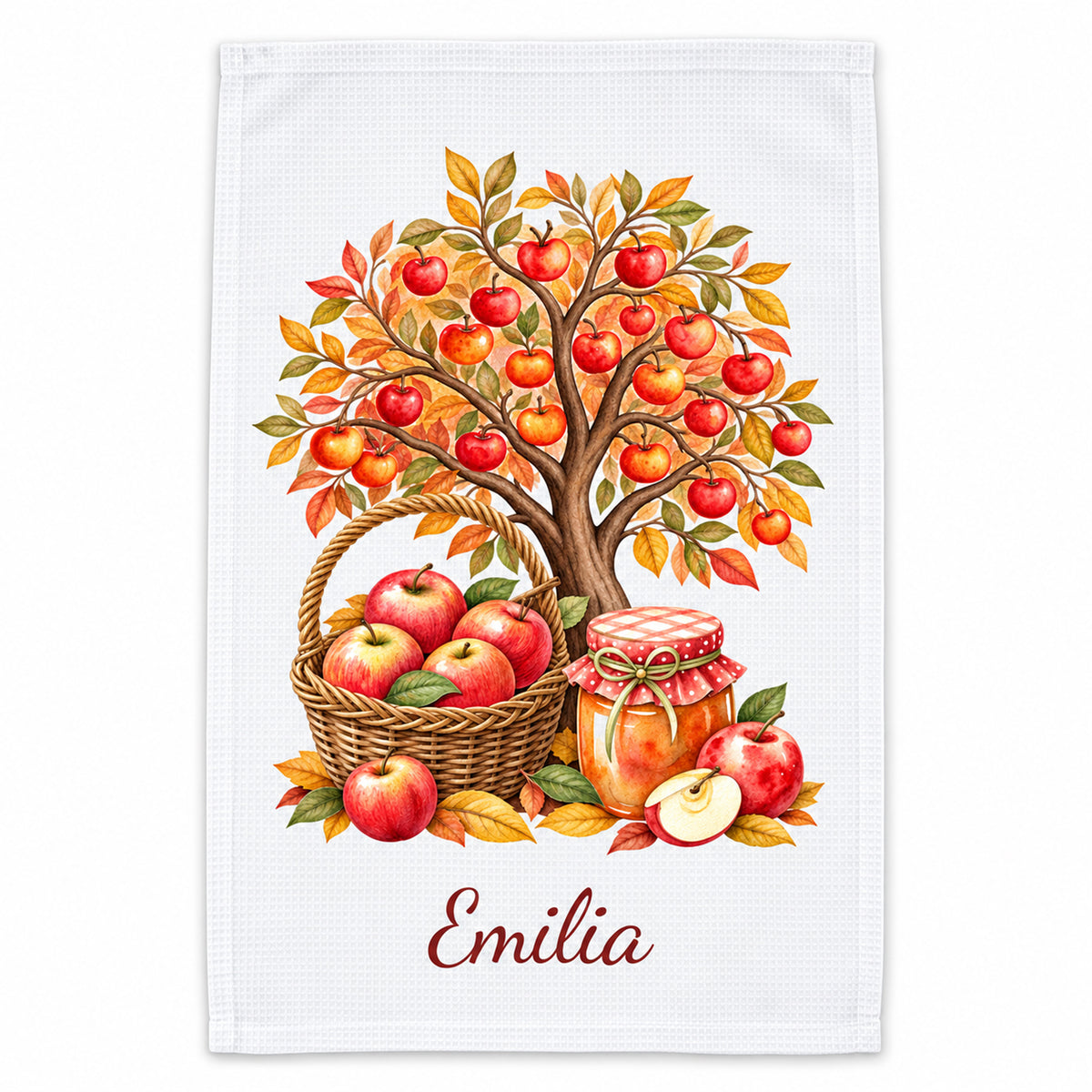 Personalisiertes Geschirrtuch mit herbstlichem Apfelbaum und Namen Emilia