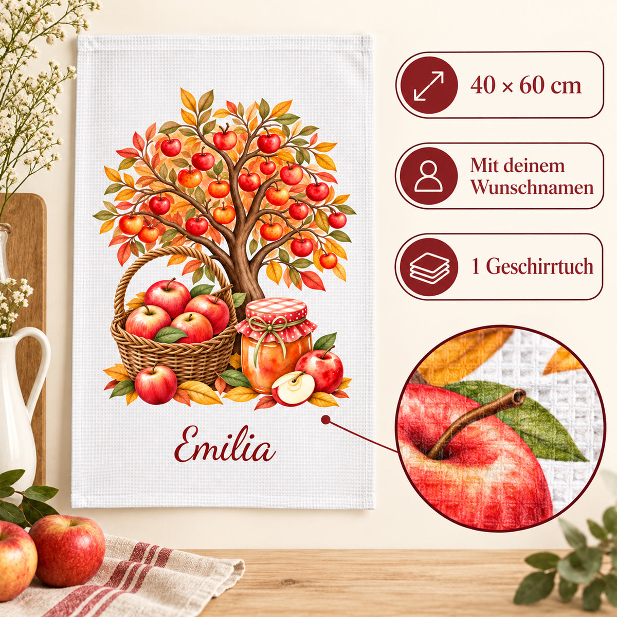 Produktdetails des personalisierten Geschirrtuchs, Größe 40 × 60 cm