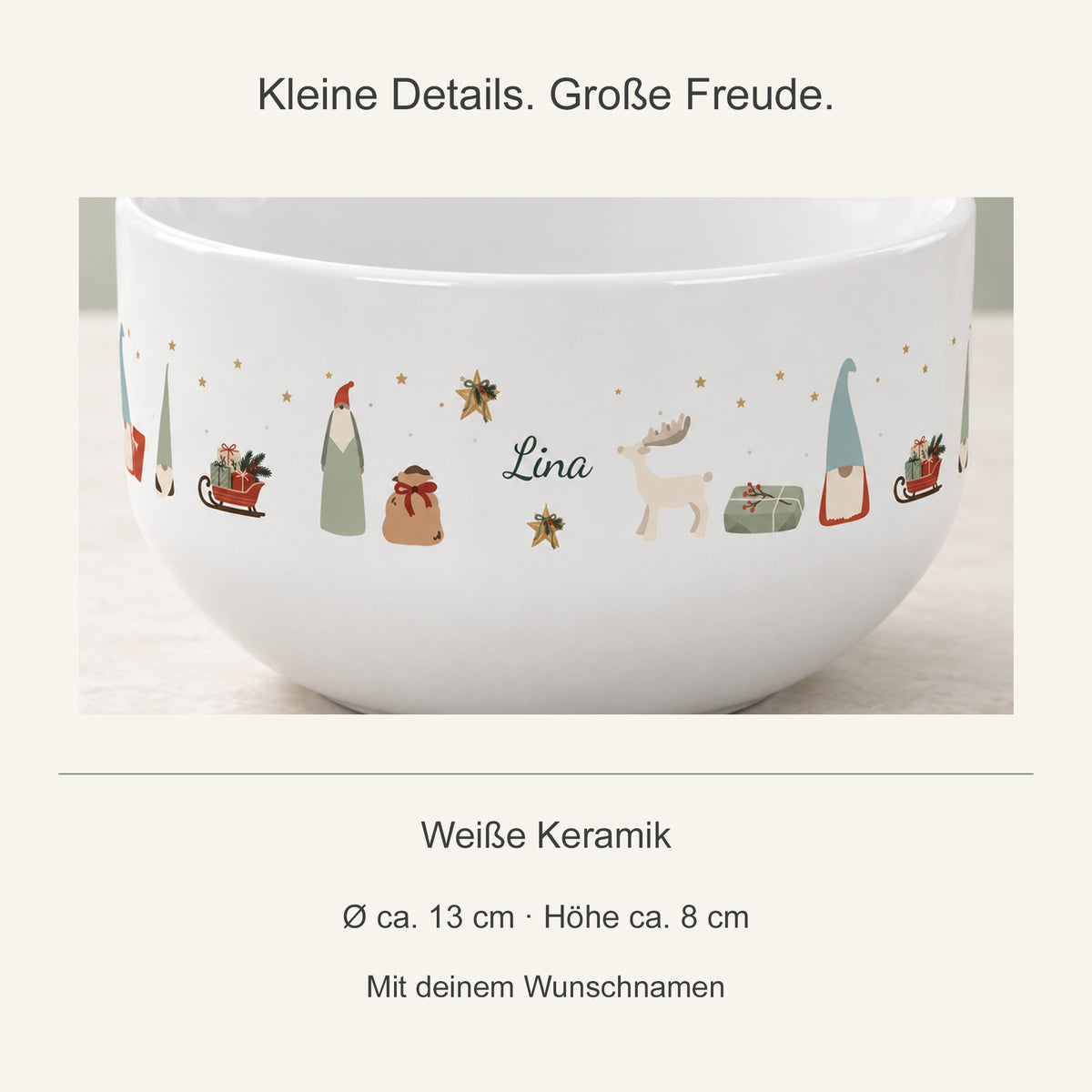 Nahansicht des Weihnachtsmotivs und Angaben zur Keramikschale