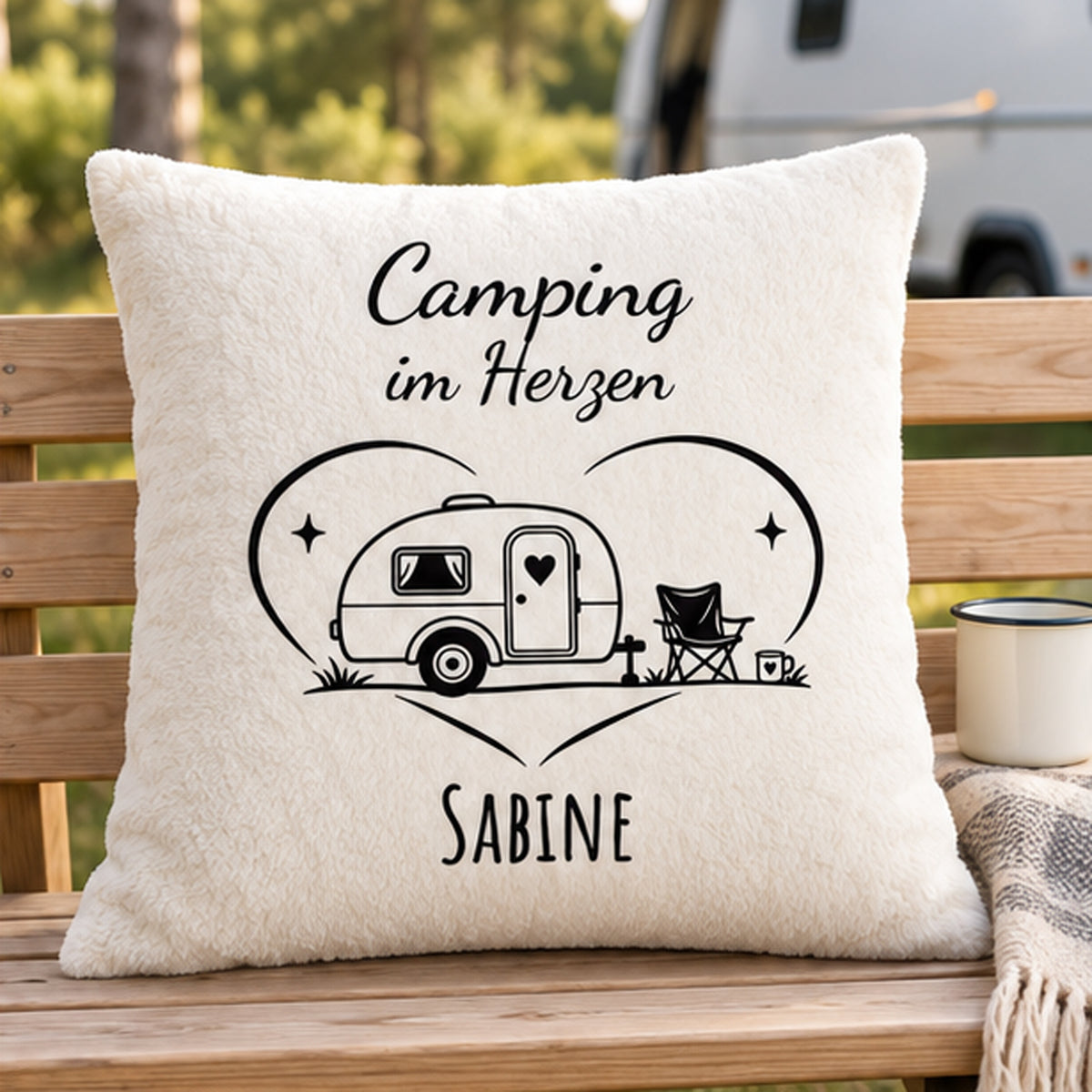 Vorderansicht: Camping-Kissenbezug Camping im Herzen, personalisiert mit Sabine