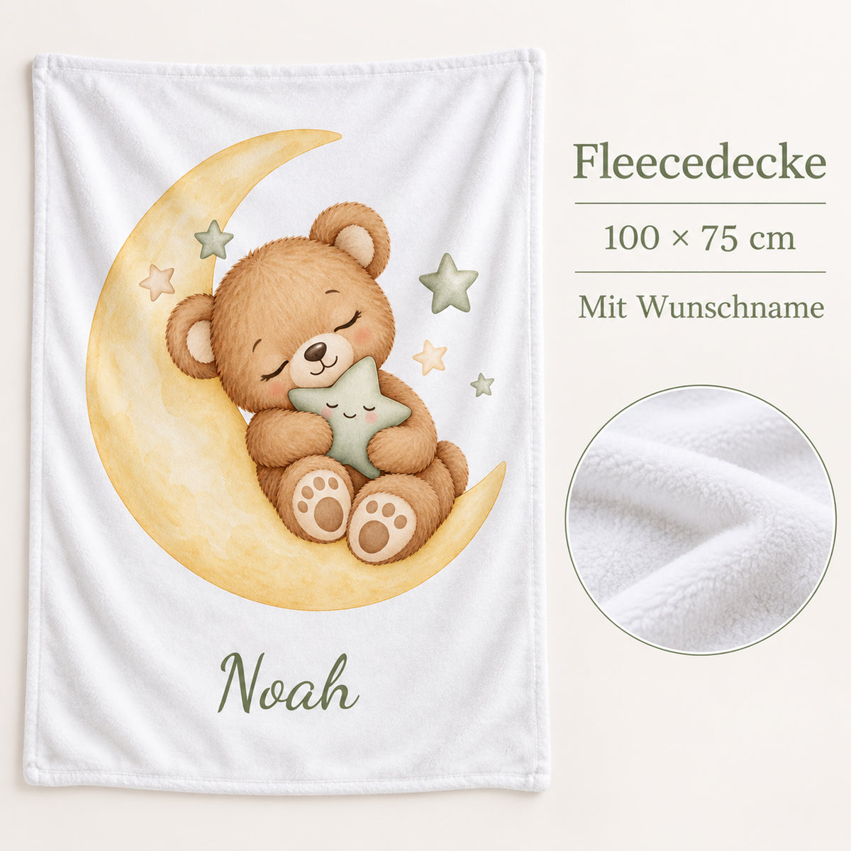 Weiße Babydecke mit Bärchen auf dem Mond und Beispielname Noah – produktdetails