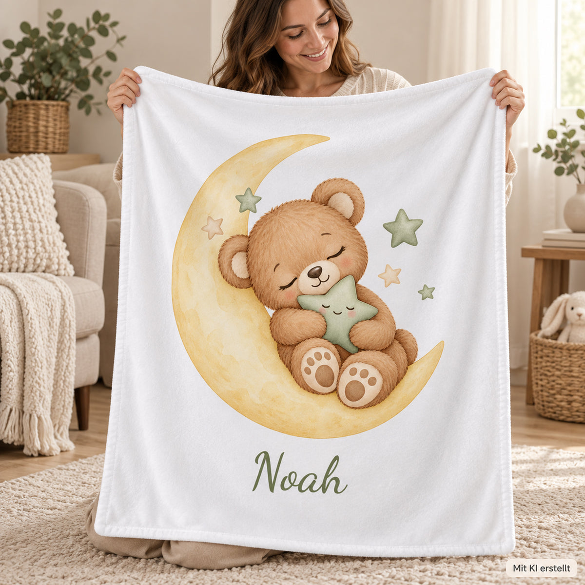 Weiße Babydecke mit Bärchen auf dem Mond und Beispielname Noah – mit-person
