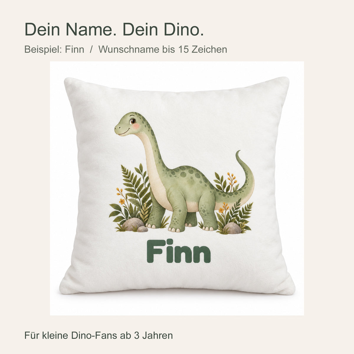 Personalisierter Dino-Kissenbezug: Langhals im Farnwald, Beispielname Finn – Personalisierung