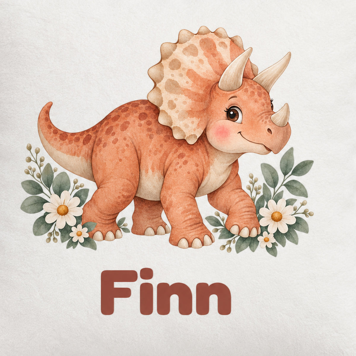Personalisierter Dino-Kissenbezug: Triceratops mit Blumen, Beispielname Finn – Motiv und Name im Detail