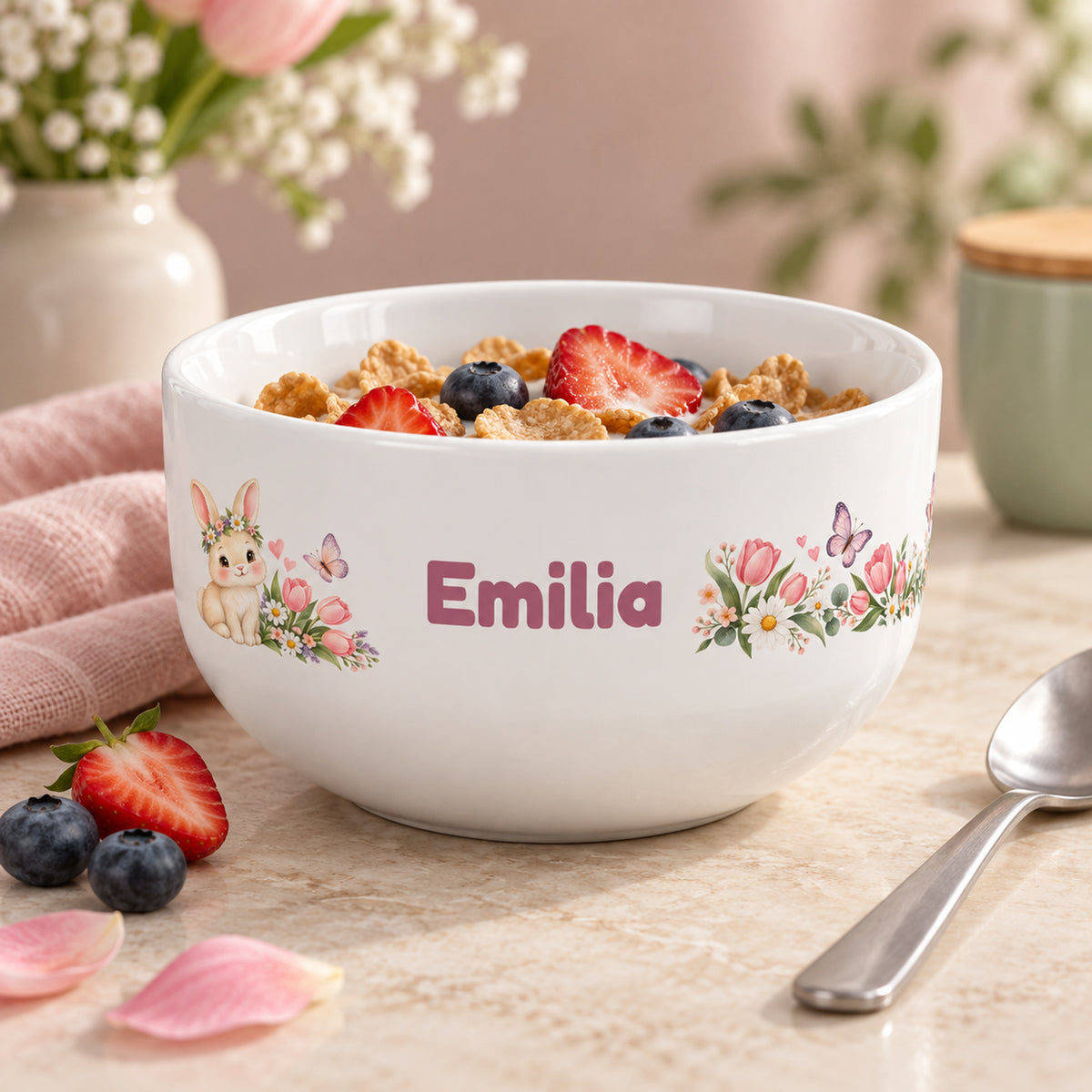 Frühstücksszene mit der Müslischale Blumenhäschen und Beispielname Emilia