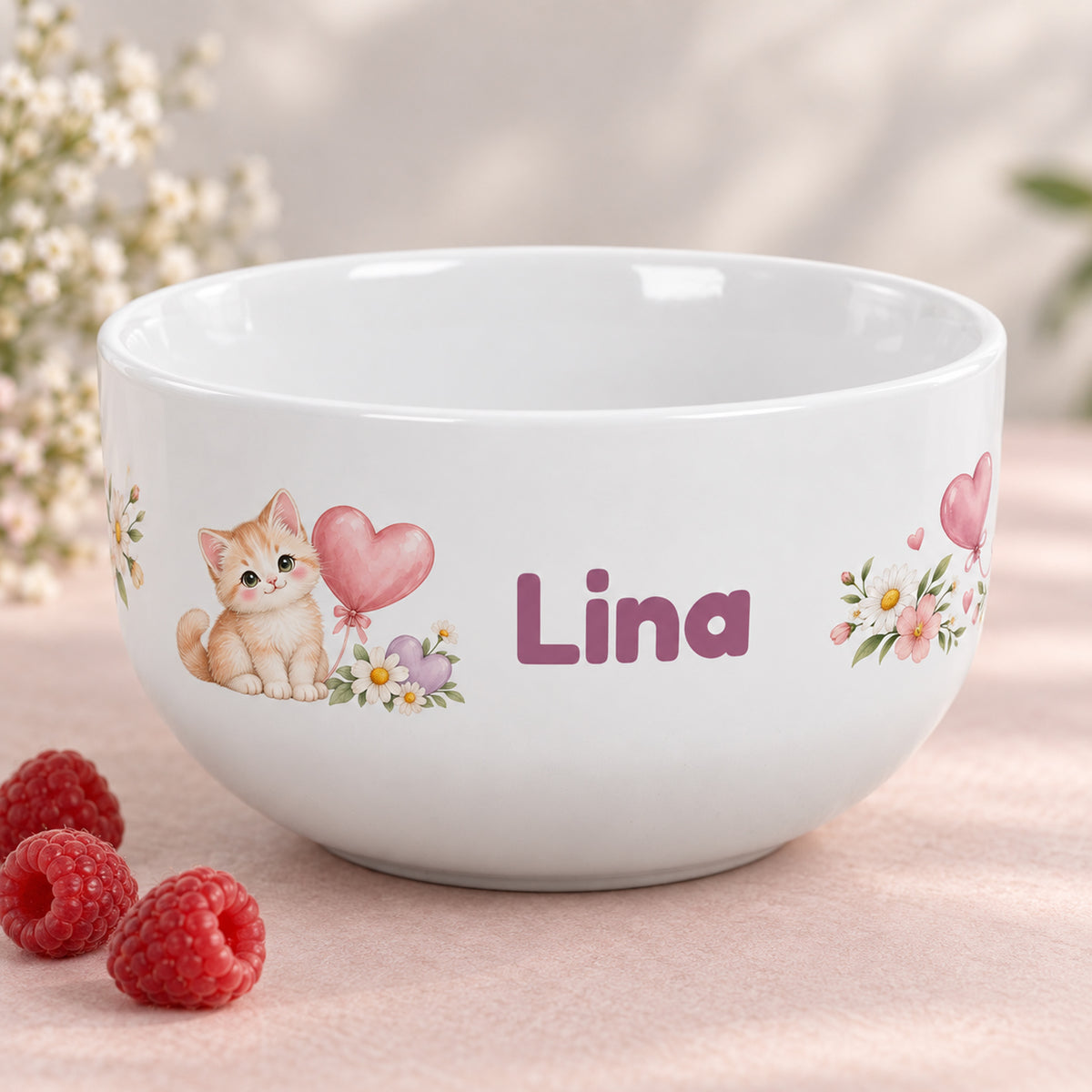 Weiße Müslischale mit Katze-Motiv und Beispielname Lina