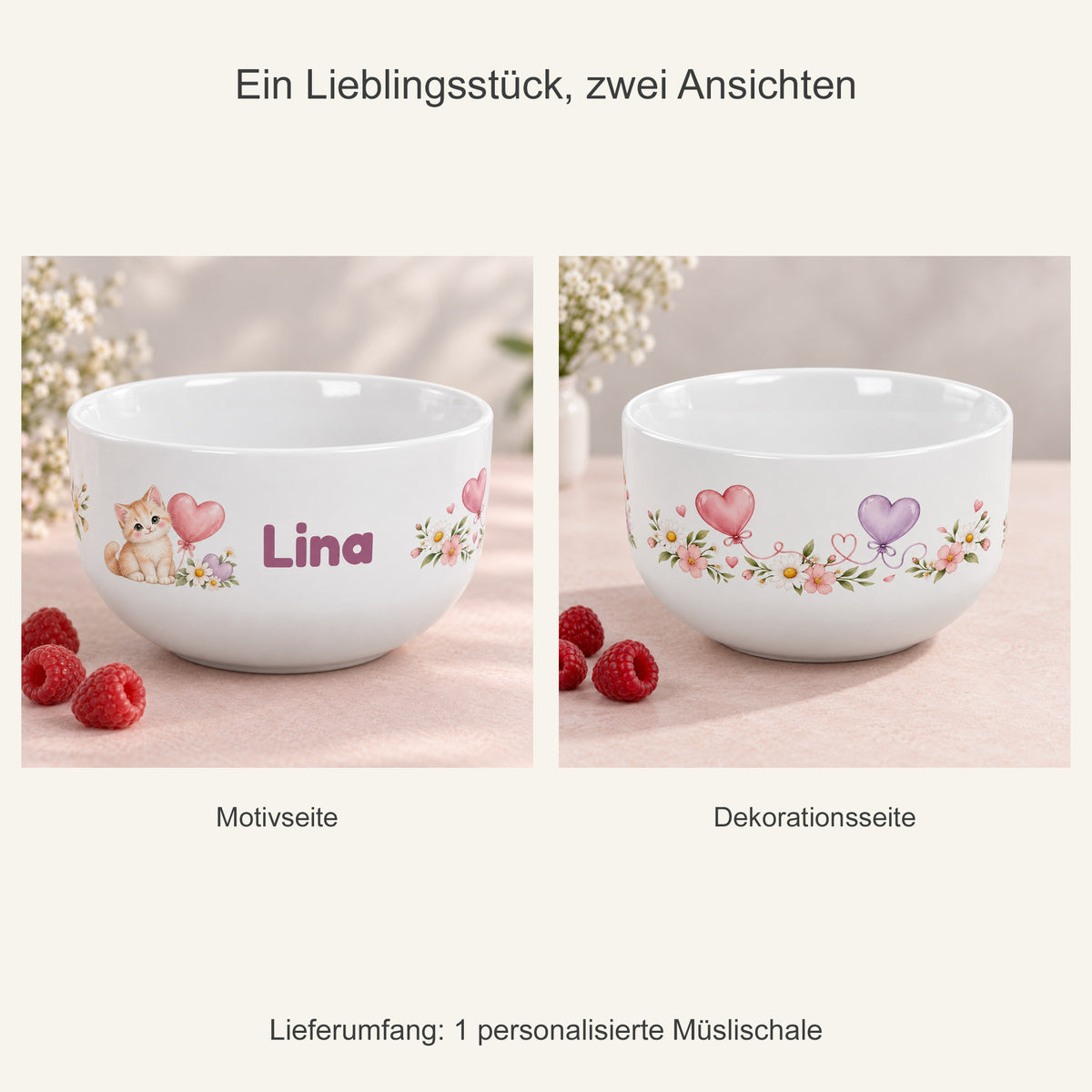 Zwei Ansichten einer einzelnen Müslischale mit Katze-Motiv