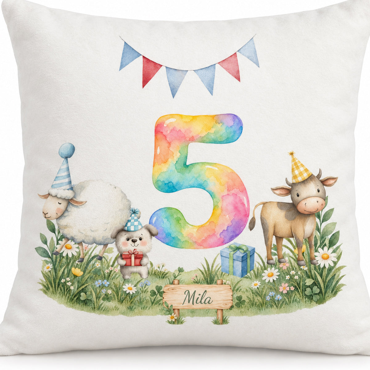 Bedruckte Vorderseite mit Aquarellzahl 5, Tierparty und Mila auf dem Wiesenschild.