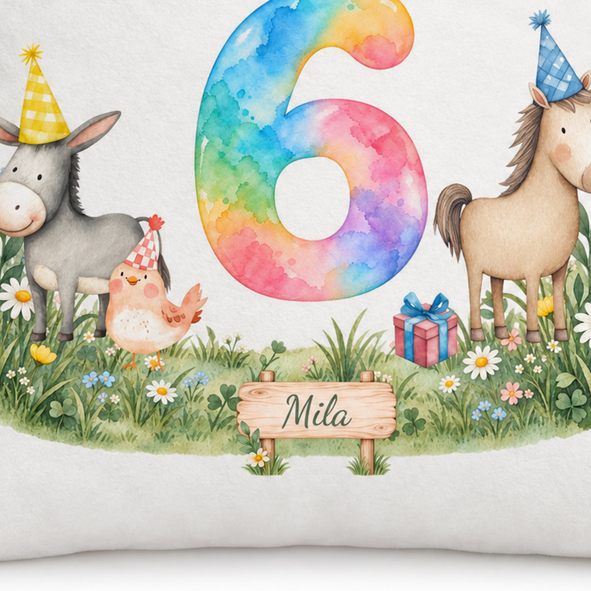 Nahaufnahme von Aquarellzahl 6, Tieren, Blumenwiese und Namensschild Mila.