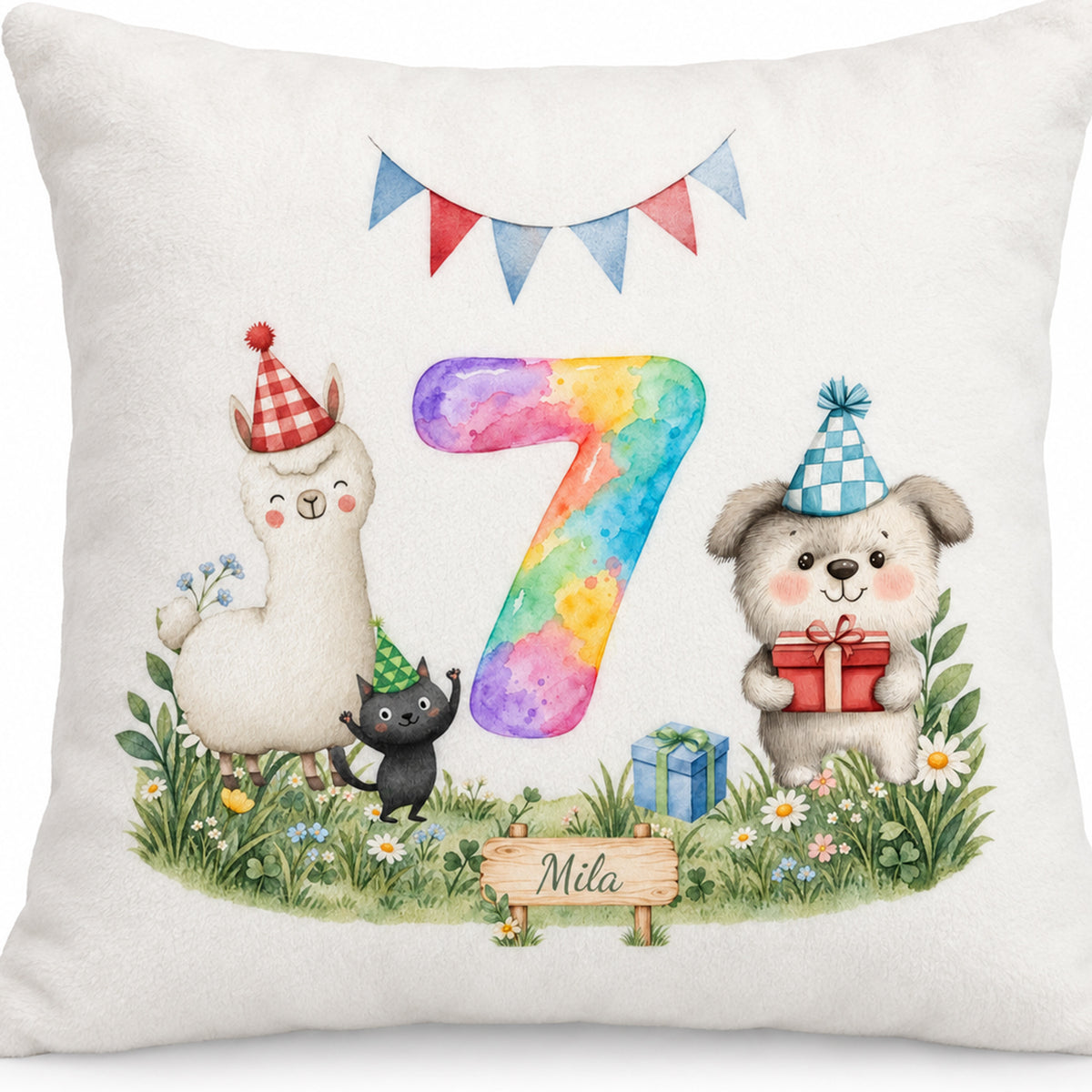 Bedruckte Vorderseite mit Aquarellzahl 7, Tierparty und Mila auf dem Wiesenschild.