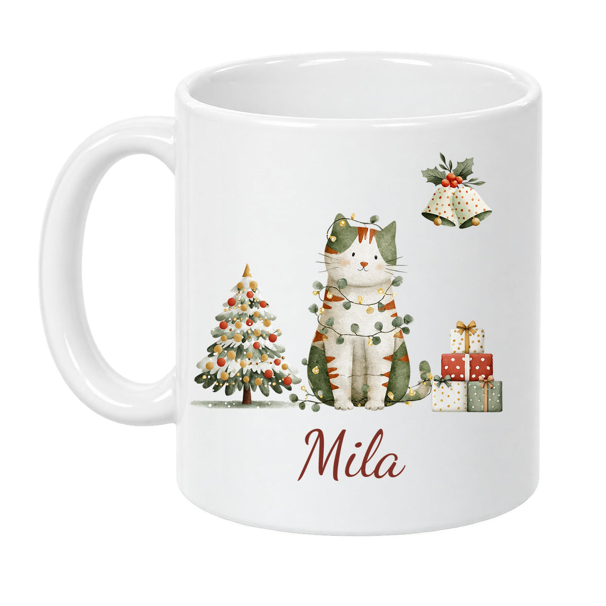 Weihnachtskatze: personalisierte Weihnachtstasse mit Name Mila, Ansicht 1 von 8