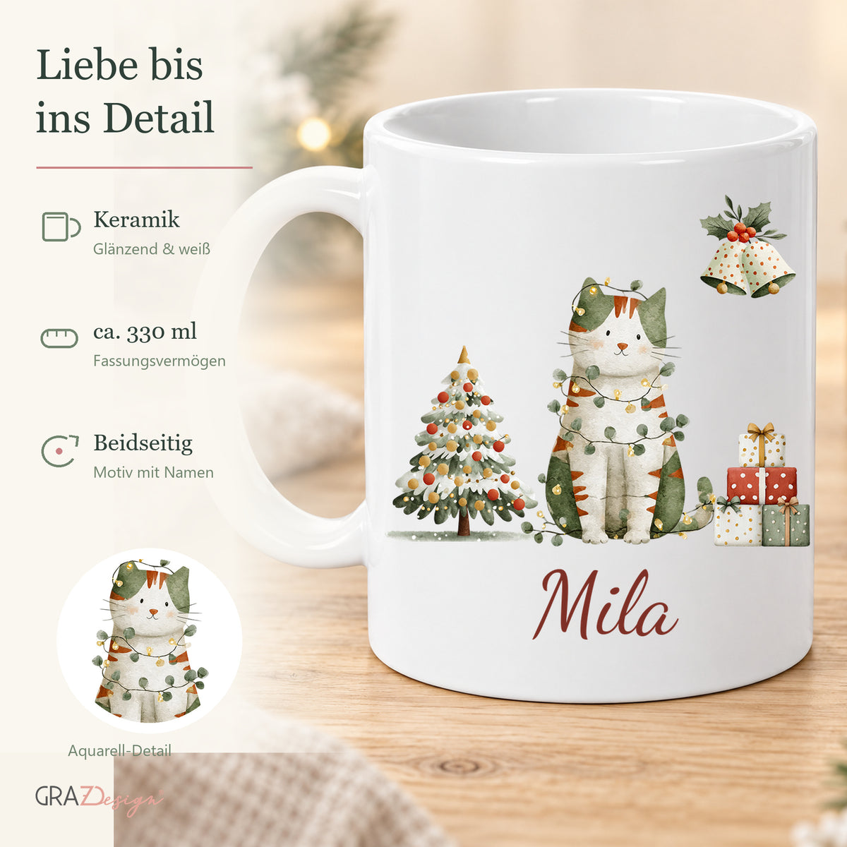 Weihnachtskatze: personalisierte Weihnachtstasse mit Name Mila, Ansicht 4 von 8