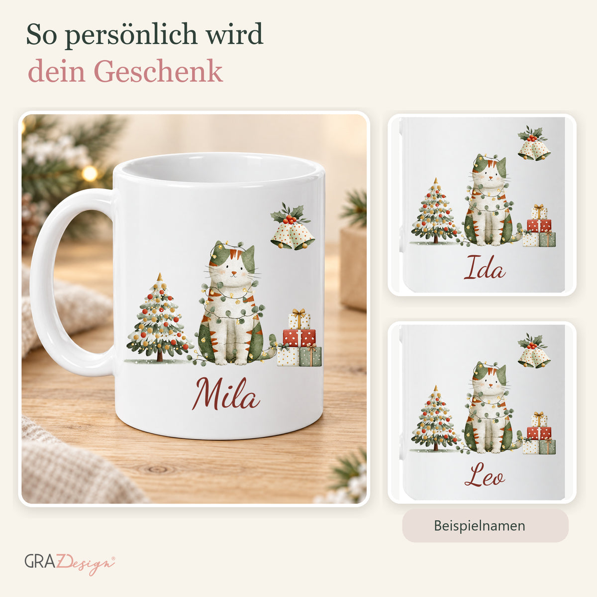 Weihnachtskatze: personalisierte Weihnachtstasse mit Name Mila, Ansicht 5 von 8