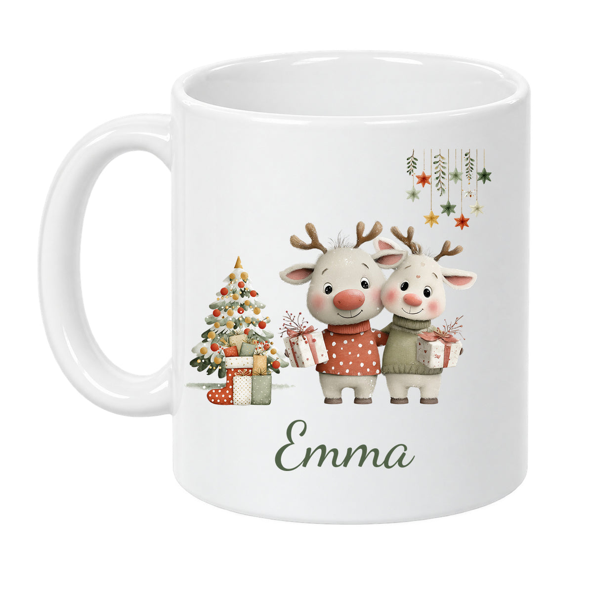 Rentierfreunde: personalisierte Weihnachtstasse mit Name Emma, Ansicht 1 von 8