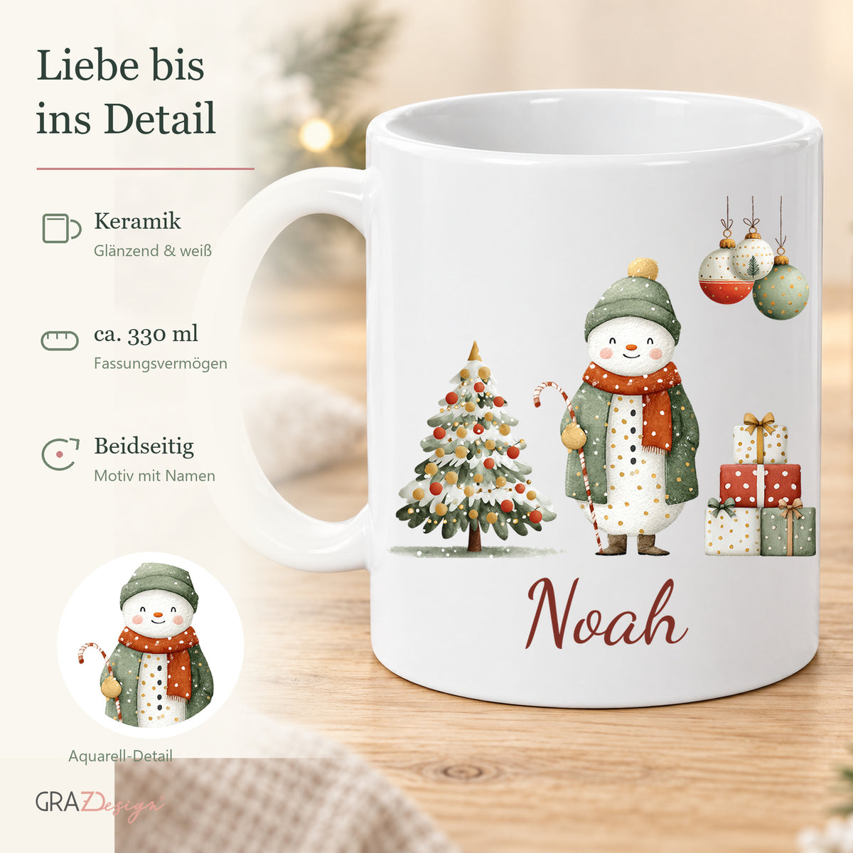 Fröhlicher Schneemann: personalisierte Weihnachtstasse mit Name Noah, Ansicht 4 von 8