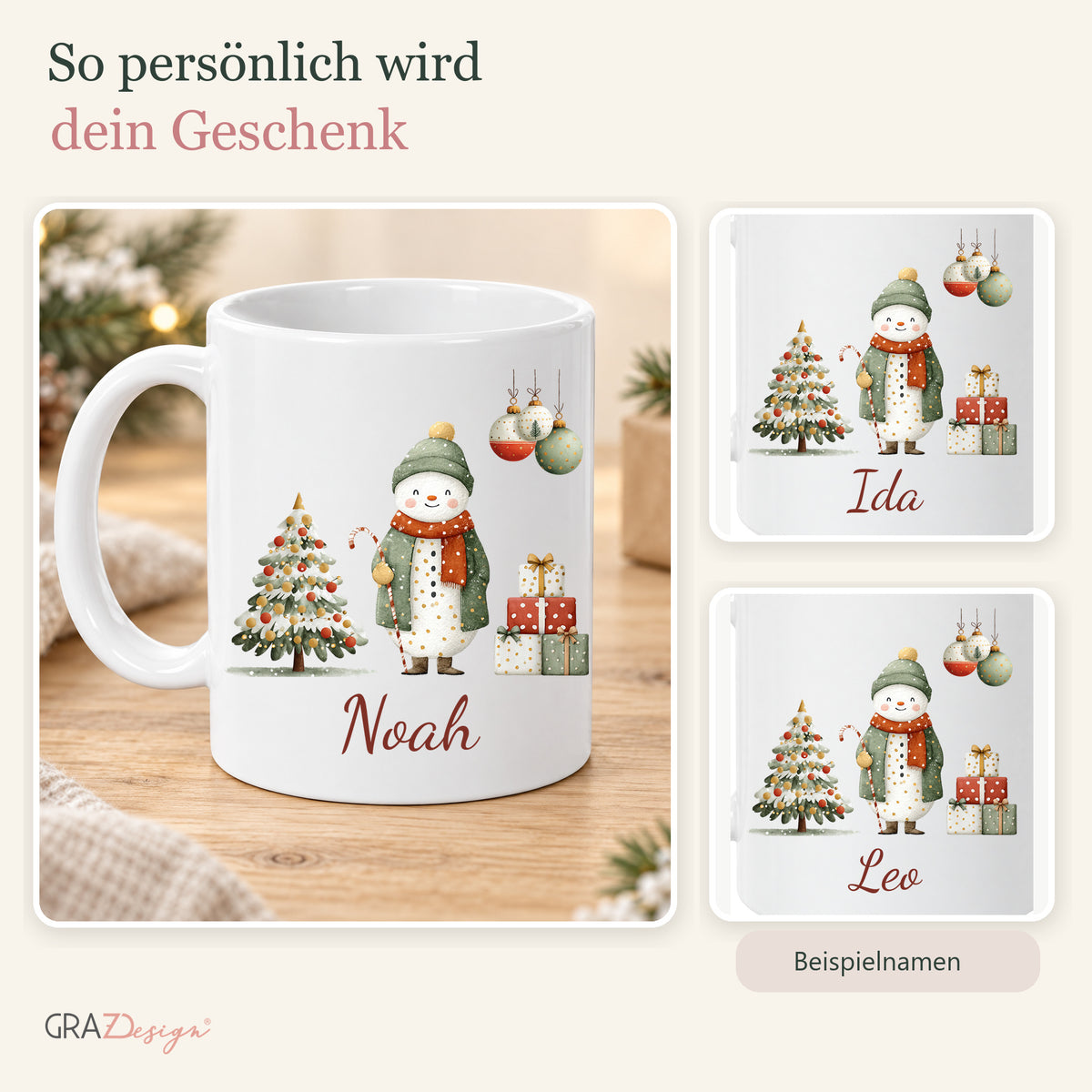 Fröhlicher Schneemann: personalisierte Weihnachtstasse mit Name Noah, Ansicht 5 von 8