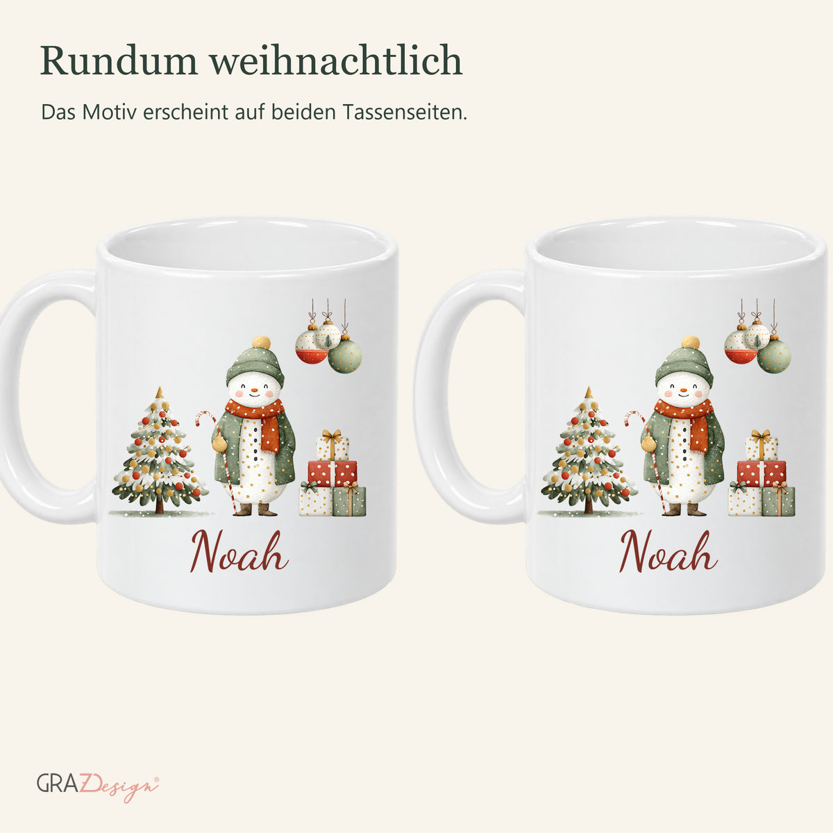 Fröhlicher Schneemann: personalisierte Weihnachtstasse mit Name Noah, Ansicht 6 von 8