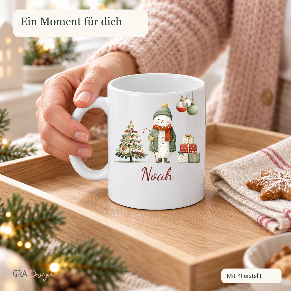 Fröhlicher Schneemann: personalisierte Weihnachtstasse mit Name Noah, Ansicht 7 von 8