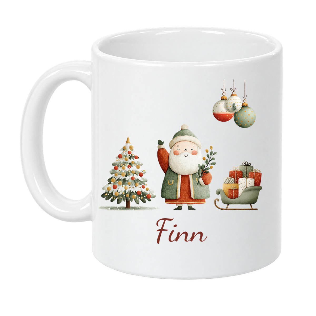 Weihnachtsmann mit Geschenken: personalisierte Weihnachtstasse mit Name Finn, Ansicht 1 von 8