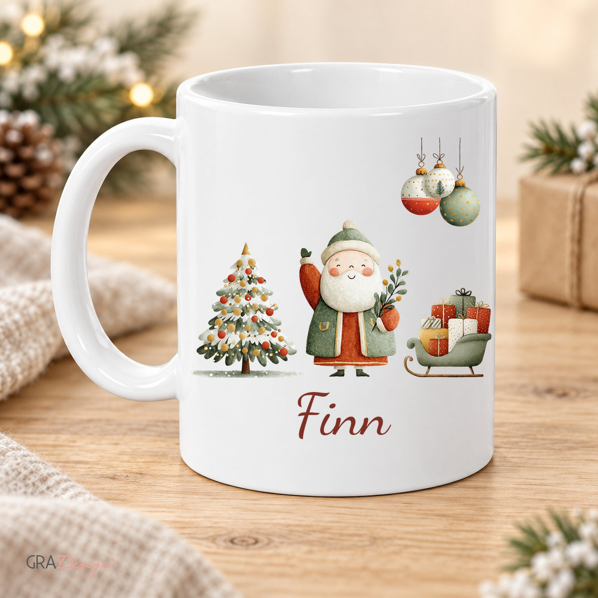 Weihnachtsmann mit Geschenken: personalisierte Weihnachtstasse mit Name Finn, Ansicht 2 von 8