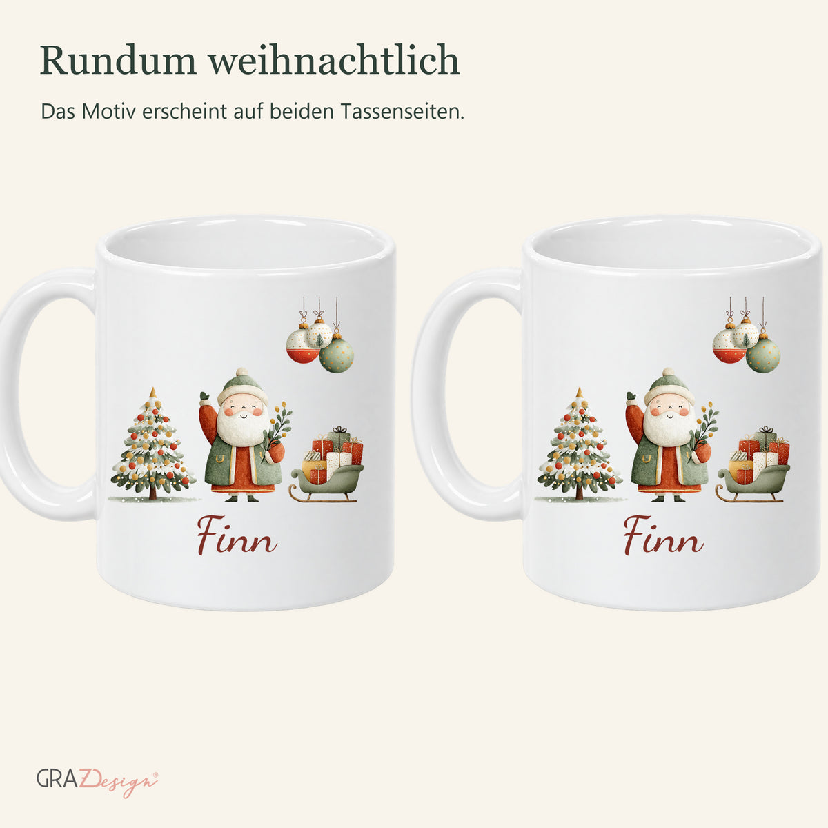 Weihnachtsmann mit Geschenken: personalisierte Weihnachtstasse mit Name Finn, Ansicht 6 von 8