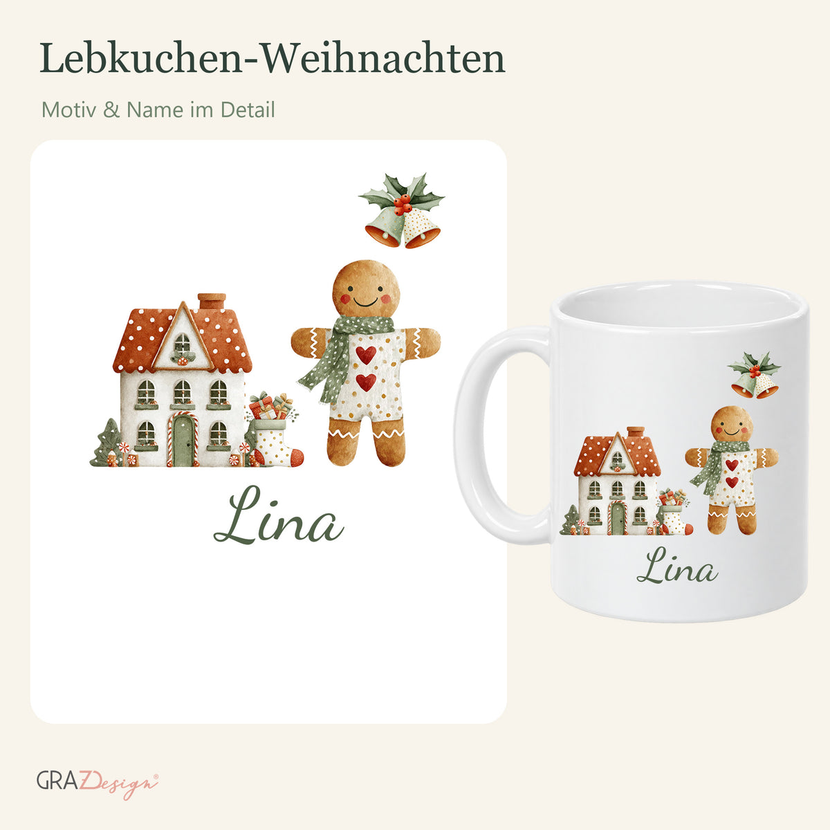 Lebkuchen-Weihnachten: personalisierte Weihnachtstasse mit Name Lina, Ansicht 3 von 8
