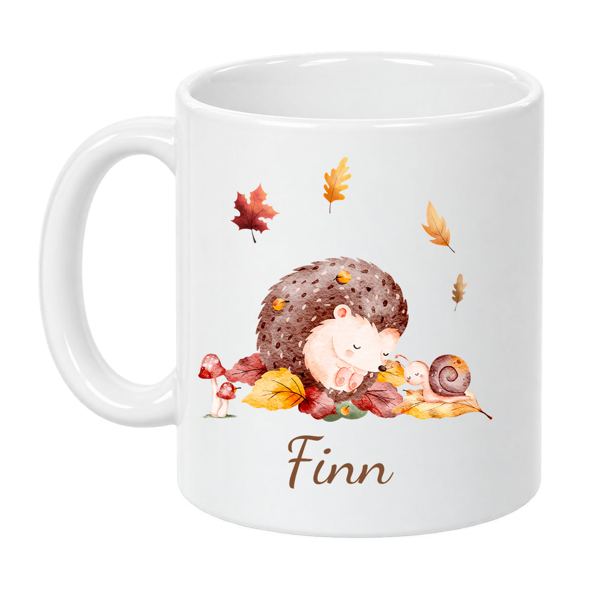 Weiße Herbsttasse mit igel und Beispielname Finn, Vorderansicht