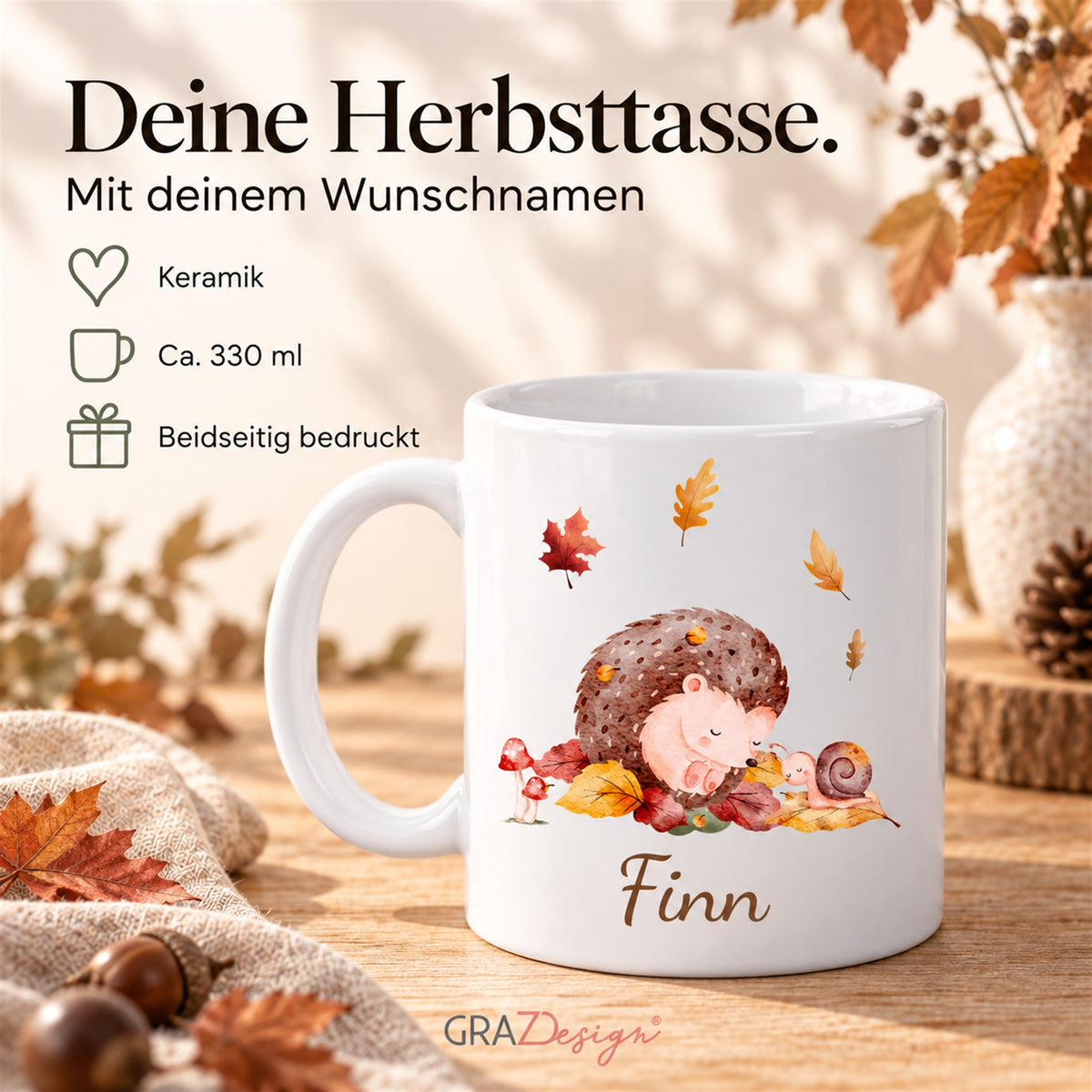 Herbsttasse mit Igel, weiße Keramik, 330 ml, beidseitiger Druck
